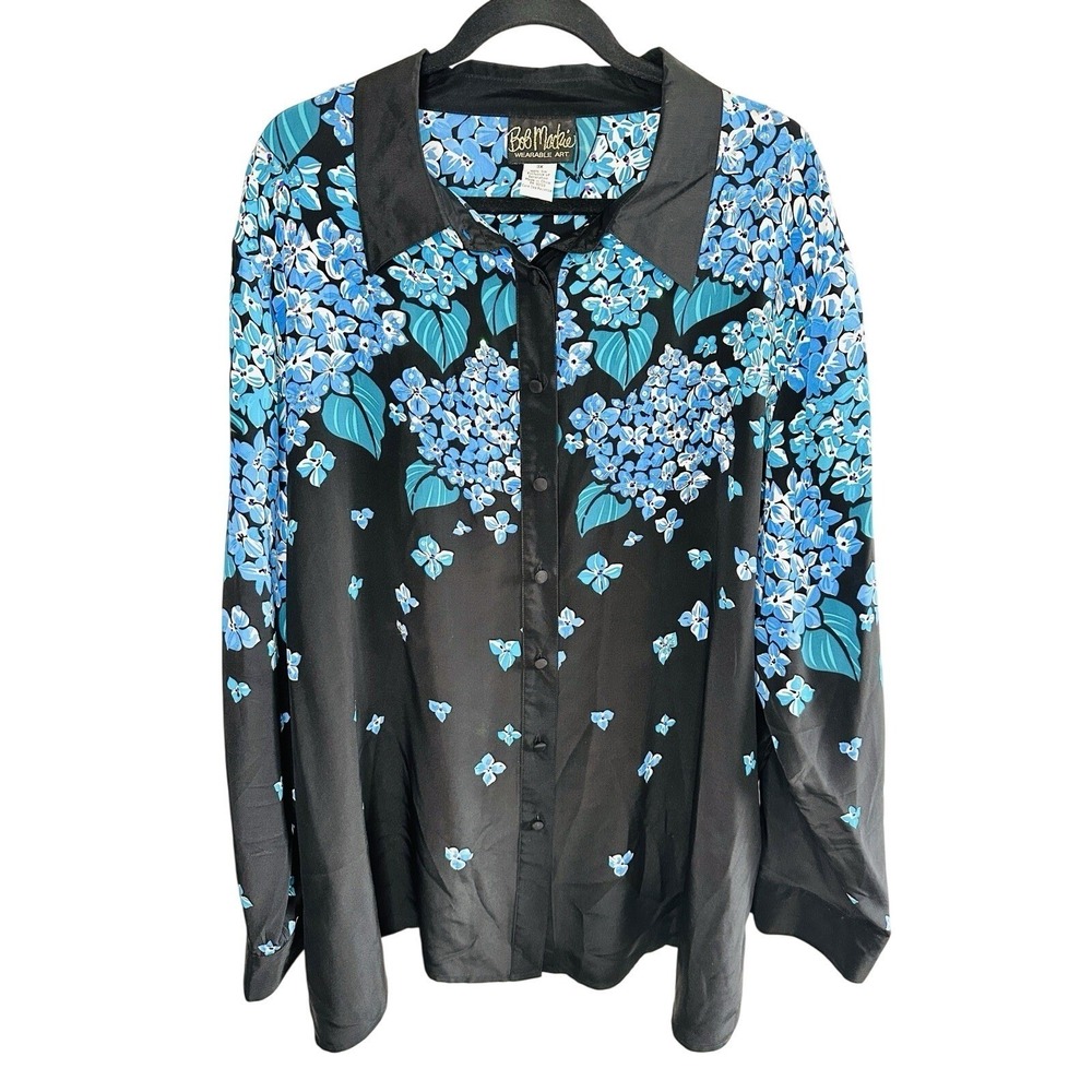 Bob Mackie‎ Wearable Art 100% Silk Blouse 3X Black Blue Hydrangea Sequin Beaded